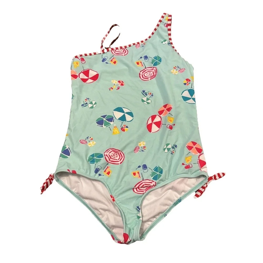 Lands' End Girls One Shoulder Swimsuit Size 12+ Beach Umbrella Print Blue